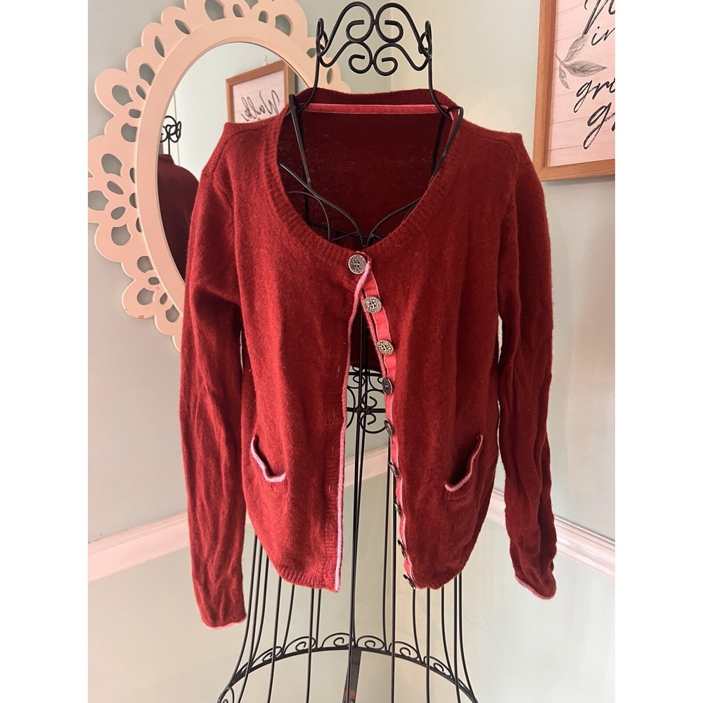 SUNDANCE Extrafine Merino Wool Brick Red Cardigan Sz Small Pink Trim Crop